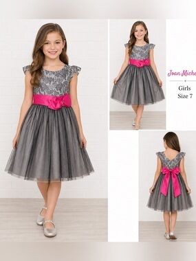 Joan Michelle Girls Party Dress Size 7 Gray Lace Tulle Pink Sash